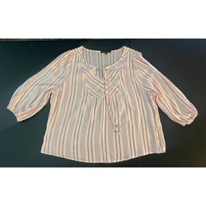 Adrienne Vittadini Orange White Striped Metallic Tie Neck Blouse XL (1114)